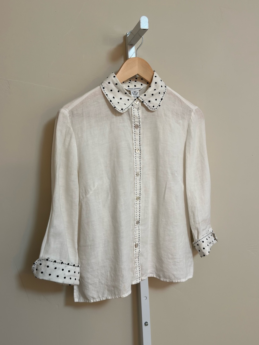Richard Malcolm 100% Irish Linen Polka Dot Blouse Women’s Small White Black